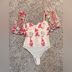 Lulus Bodysuit Floral Balloon Sleeve Embroidered Size S Mesh Cottagecore Bustier